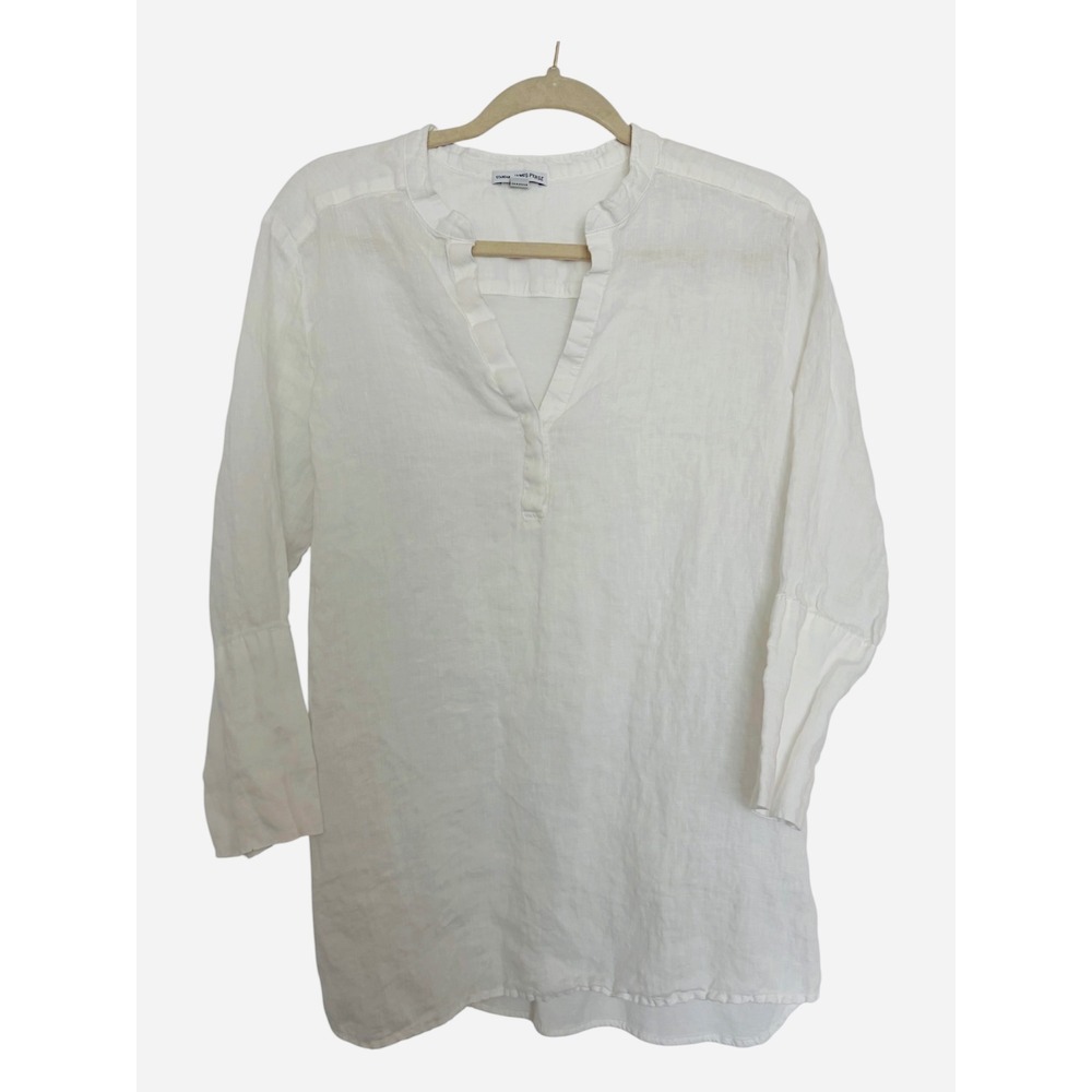 James Perse Standard White Linen Tunic Top Split Neck Size 4 Closet Staple Beach